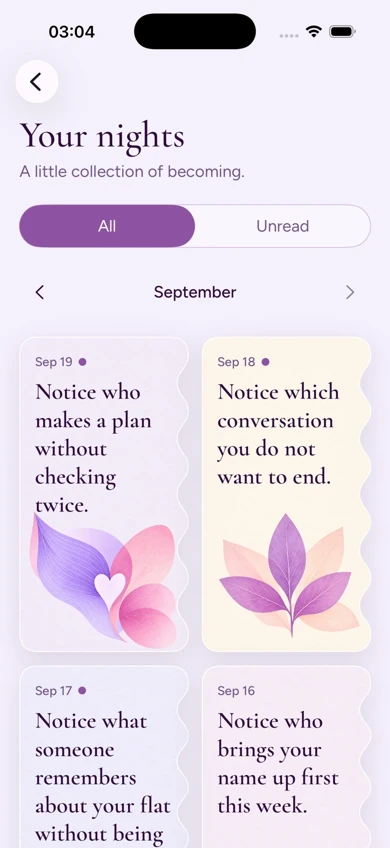 Your Nights, with dated botanical cards and All and Unread filters.
