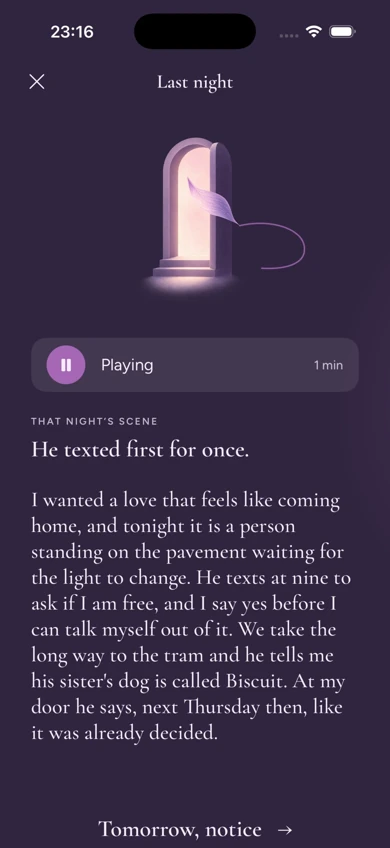 The reading screen with its listen card playing. Listening is being tested.