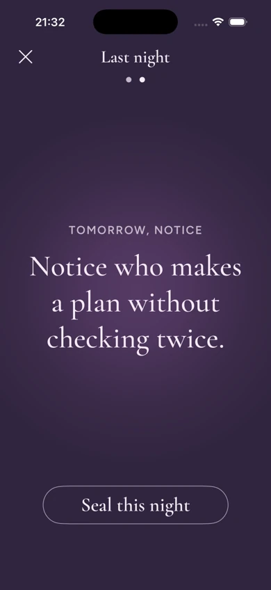 The last page, at a larger text size: Tomorrow, notice. Notice who makes a plan without checking twice.