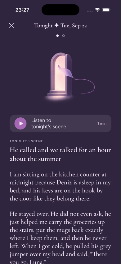 The dark reading room, with a lit doorway, a listen control and tonight’s scene.