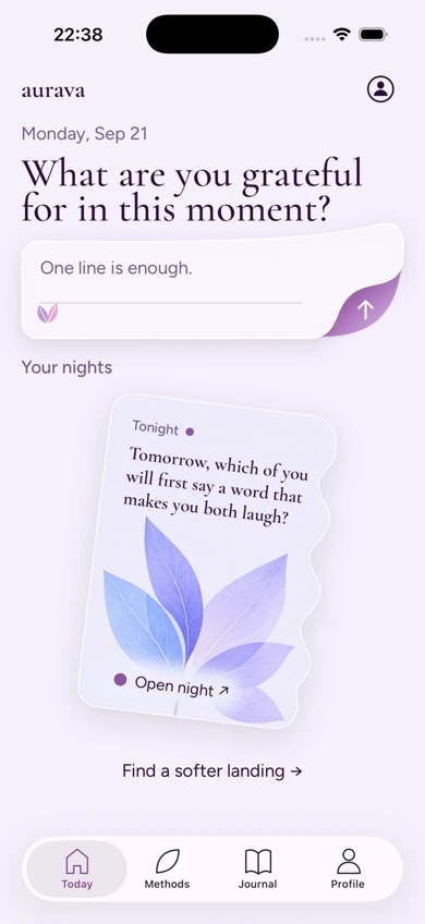 Home, with the question, the One line is enough field and a stack of night cards.